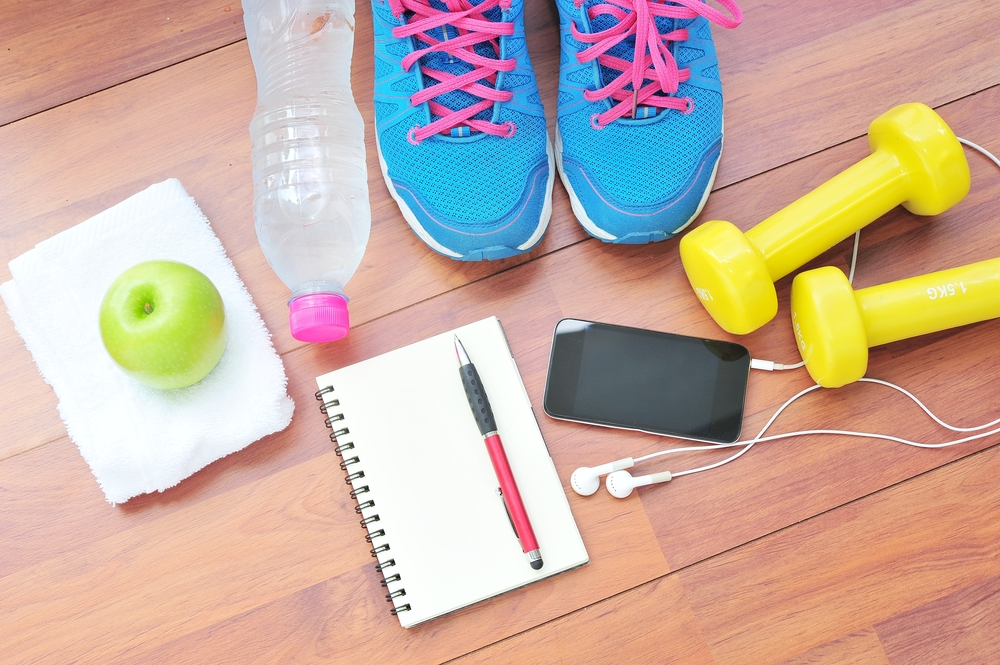 Shoes and water with set for sports activities